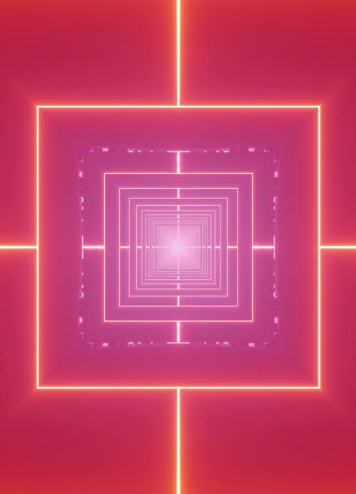 A tunnel of glowing pink neon squares